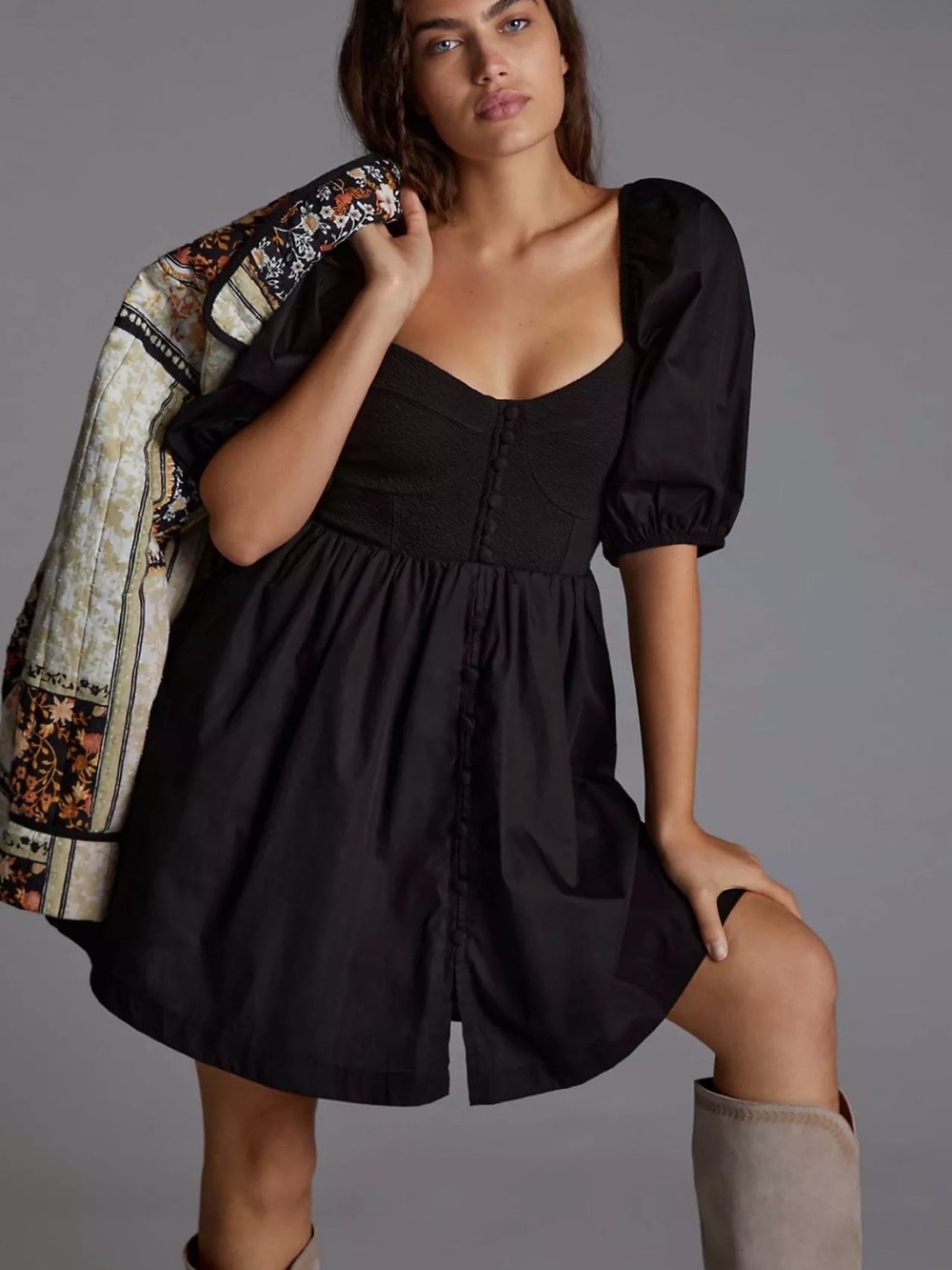 Anthro Maeve Black Puff Sleeve Mini Dress M